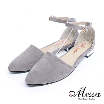 【Messa米莎專櫃女鞋】MIT高雅絨質繫帶繞踝亮漆飾條尖頭低跟鞋-灰色EU36灰色