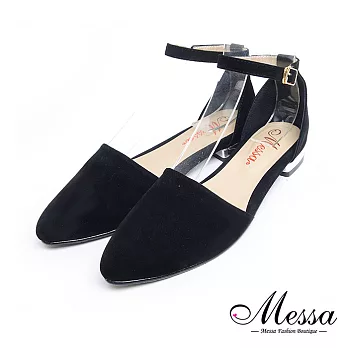 【Messa米莎專櫃女鞋】MIT高雅絨質繫帶繞踝亮漆飾條尖頭低跟鞋-黑色EU36 黑色