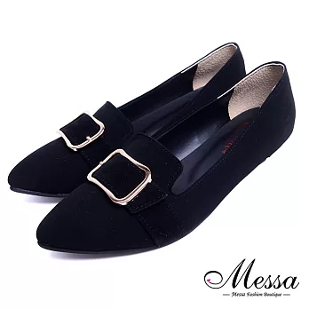 【Messa米莎專櫃女鞋】MIT都會時尚金屬飾釦內真皮尖頭低跟包鞋-黑色EU35黑色