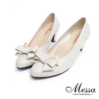 【Messa米莎專櫃女鞋】MIT甜美三層蝴蝶結素色內真皮尖頭高跟鞋-米色EU35米色