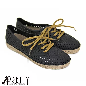 【Pretty】洞洞防水綁帶休閒鞋/雨鞋EU36黑色