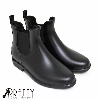 【Pretty】時尚霧面側接鬆緊帶短筒雨靴EU37黑色