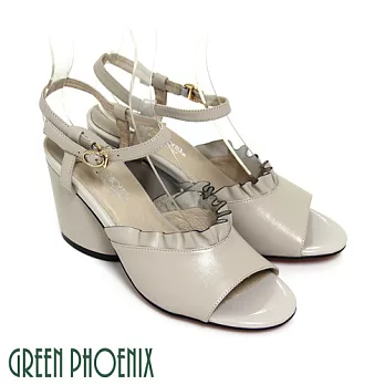 ◤Green Phoenix◥BIS-VITAL 荷葉花邊金屬扣環繞踝義大利胎牛皮粗高跟魚口涼鞋EU35杏色