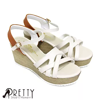 【Pretty】縷空交叉線條拼色厚底楔型涼鞋JP22.5米色