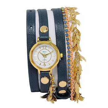 La Mer Collections 美國精品手錶手鍊 深藍色皮革花園寶石金色鍊條25mm