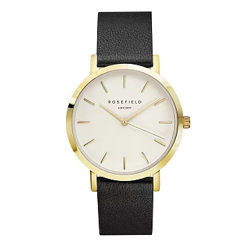ROSEFIELD紐約精品手錶 The Gramercy系列 黑色皮革錶帶 金色錶框 白色錶盤38mm