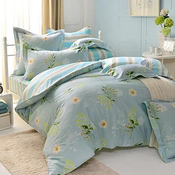 義大利La Belle 雙人純棉防蹣抗菌吸濕排汗兩用被床包組-水漾花畔