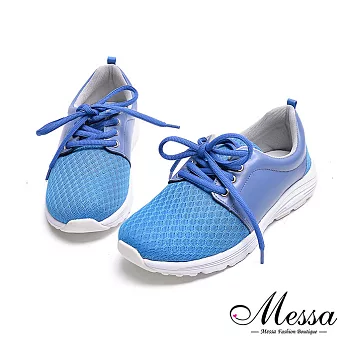【Messa米莎專櫃女鞋】MIT全牛皮真皮拼接網面慢跑休閒鞋-橘色EU35藍色