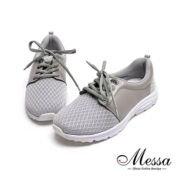 【Messa米莎專櫃女鞋】MIT全牛皮真皮拼接網面慢跑休閒鞋-灰色EU35灰色