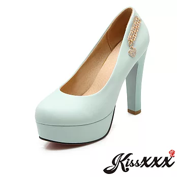 【KissXXX】甜美愛心鑽飾高防水台粗跟高跟鞋(預購)EU40水藍