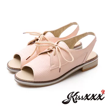 【KissXXX】時尚魚嘴綁帶造型低跟平底涼鞋(預購)EU34粉