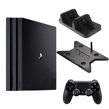 SONY PS4 Pro 7017 1TB-主機黑+slim/pro主機雙用直立架-黑KJH-ps4slim-pro+DOBE手把充電座