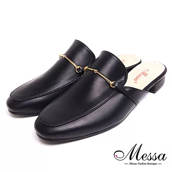 【Messa米莎專櫃女鞋】 MIT皮革細金屬條方頭低跟穆勒鞋-黑色EU36黑色
