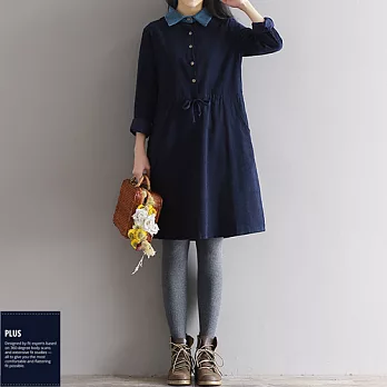 SCL T17152 氣質燈芯絨長版假兩件連衣裙洋裝M藍色