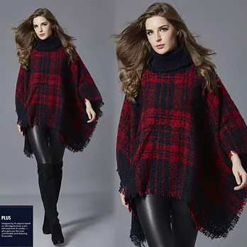 SCL T17156 格紋流蘇斗篷假兩件高領毛衣 F紅色