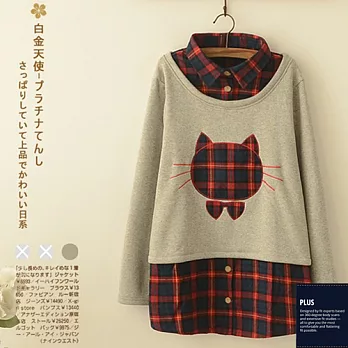 SCL T17174 日系精品保暖假兩件格子上衣 M灰色