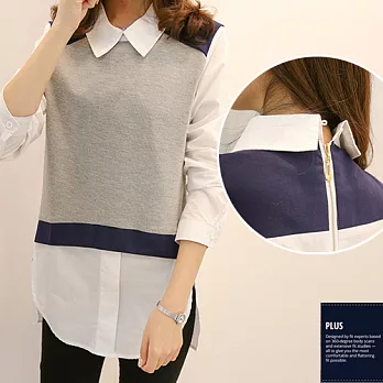 SCL T17186 長版氣質假兩件女裝背心襯衫上衣L灰色