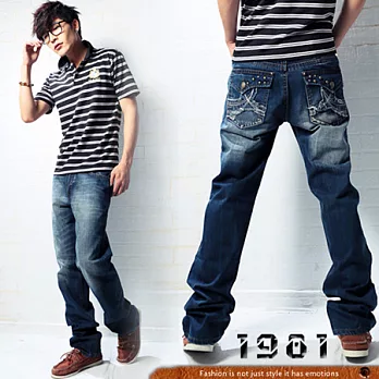 【1981牛仔褲】韓系卯釘單寧微垮褲#2539M藍色