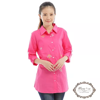 【NUNA】優雅刺繡晶鑽修身長版襯衫XL粉紅色