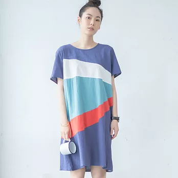 【NUMI】森-四色拼接短袖棉麻連衣裙-共2色(L-2XL可選)L藍色