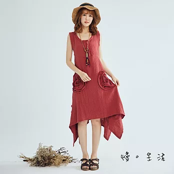 【慢。生活】手作捲花無袖棉麻連身裙(2色)-F　FREE紅