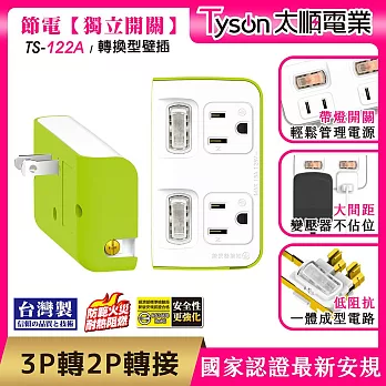 Tyson太順電業 TS-122A 2切2座 3P變2P轉換型 節能小壁插萊姆