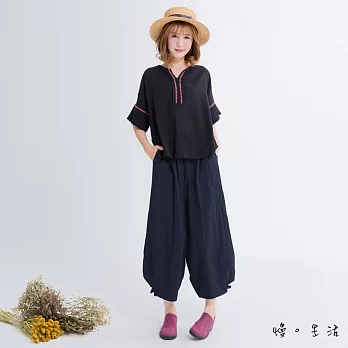 【慢。生活】中式結褲管棉麻燈籠褲-FREE藍