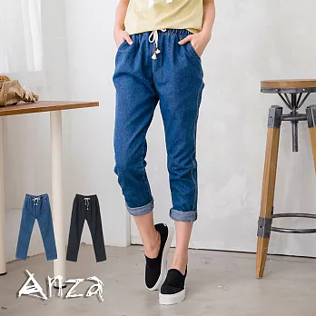 【AnZa】伸縮腰頭拉繩丹寧褲(2色)L淺藍