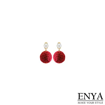Enya★珍珠編織毛球耳環紅色