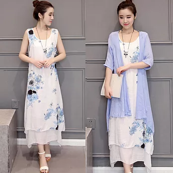 【A.Cheter】清新日系花卉棉麻罩衫洋裝2件組000051L藍