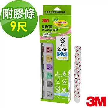 【3M】3孔6開關6插座過載保護安全延長線2.7公尺-9尺(PSF609)-有膠條