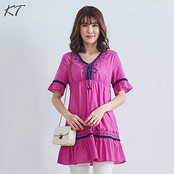 【KT】刺繡高腰造型棉上衣-F　FREE紫