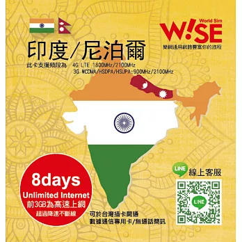 Wise-sim樂網通印度+尼泊爾+斯里蘭卡4G/3G上網卡吃到飽