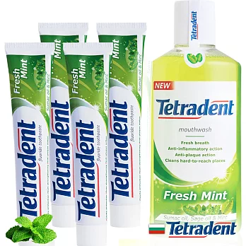 歐洲原裝Tetradent薄荷清新牙膏4支+清新漱口水1瓶超值5入組(效期至2019/10)