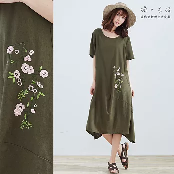 【慢。生活】粉花刺繡棉麻連身裙-F　FREE綠