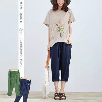 【慢。生活】高低口袋棉麻打摺褲-F　FREE深藍