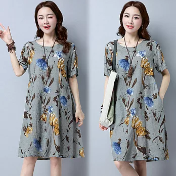 【NUMI】森-復古寬鬆印花短袖連衣裙-共2色-51001(M-XL可選)L藍灰色