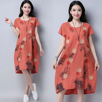 【NUMI】復古-棉麻風印花寬鬆連衣裙-共2色-90091(M-2XL可選)L橘紅色
