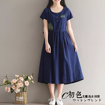 【初色】圓領純色小草繡花連衣裙-共3色-90097(M-2XL可選)XL藍色