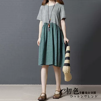 【初色】寬鬆圓領拼接短袖連衣裙-綠色-90098(M-2XL可選)2XL綠色