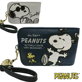 【日本進口正版】史努比 Snoopy 皮質 刺繡 彈力 票卡夾/票夾 PEANUTS -深藍款