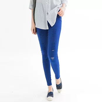 【KT】對稱刷破彈性窄管褲(L/XL)　XL深藍