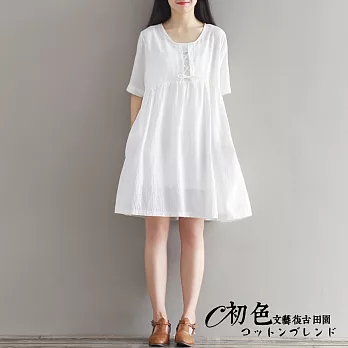 【初色】文藝風圓領系帶連衣裙-白色-90197(M-2XL可選)M白色