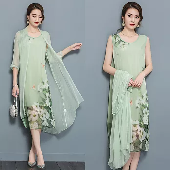 【MsMore】東方高貴絲質背心外罩兩件洋裝套組100467L綠
