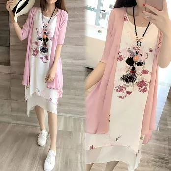 【NUMI】復古-配色罩衫&印花連衣裙兩件套-共2色-90209(M-2XL可選)L粉色