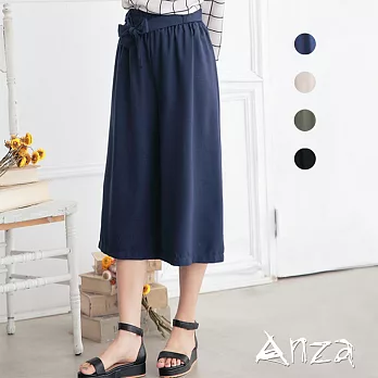 【AnZa】棉麻鬆緊綁帶寬管褲 (4色)FREE藏青色