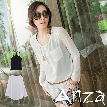 【AnZa】雙色配棉料背心+雪紡外罩(2色) FREE白色