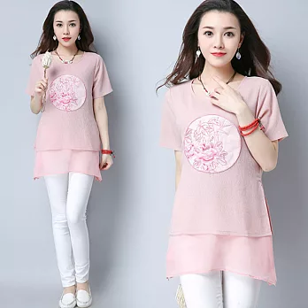 【NUMI】森-復古刺繡假兩件上衣-粉紅色-51269(M-XL可選)M粉紅色