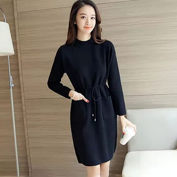 【MsMore】韓劇女主角綁帶修身長袖針織洋裝100805FREE黑