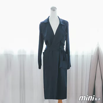 【mini嚴選】外套 造型綁帶翻領長版風衣外套 二色(M-L可選)M（深藍）